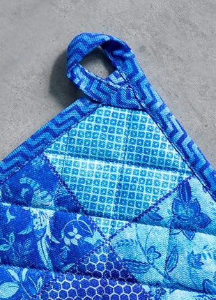 Maison d' Hermine Pot Holders 100% Cotton Heat Resistant Potholders 8" x 8" Hot Pads with Loop BBQ, Cooking, Baking, Grilling, Kitchen, Handling Hot Pans Spring/Summer (Pack of 1, Indigo Love)