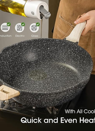 CAROTE 12.5 Inch Nonstick Deep Frying Pan with Lid, 6.5 Qt Jumbo Cooker Saute Pan with Pour Spout, Skillet Induction Cookware, Non Stick Cooking Pan PFOA Free, Classic Granite