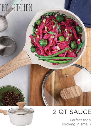 Country Kitchen Non-Stick Cast Aluminum Cookware Set - Durable Kitchen Cookware for Everyday Cooking, Speckled Cream, 6 Pc.