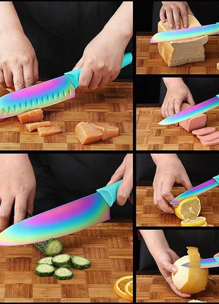 Marco Almond Kitchen Knife Set, KYA37 12-Piece Rainbow Titanium Stainless Steel Boxed Knives Set for Kitchen with Covers, 6 Knives with 6 Blade Guards