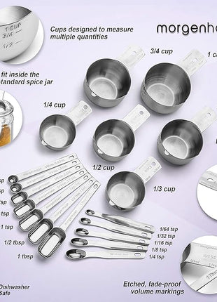 Heavy-Duty 304 Stainless Steel Measuring Cup Set (18-Piece) - Stackable, Dual Metric/US, Long & Narrow Spoons for Spice Jars + 5 Mini Spoons