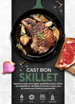 Utopia Kitchen Cast iron Skillets 3 Piece Set, Chefs Pan, Pre Seasoned Cast iron Skillets, 6, 8 & 10 Inches, Easy Use in the Oven, Stove, Grill, or Campfire, Green