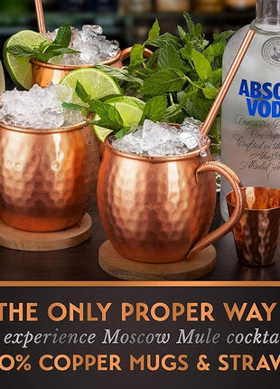 Gift Set Moscow Mule Mugs Set Of 4 16 oz Solid Cooper, 100% Pure Copper Cups HANDCRAFTED, BONUS 4 Straws, 4 Wood Coasters, Stirring Spoon, Shot Glass and Cleaning brush (Oval)