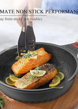 Vinchef Pots and Pans Set, 12pcs Nonstick Induction Kitchen Cookware Sets with Stay-Cool Handles, Frying Pans and Saute Pan with Lid, Silicone Cooking Utensil Sets and Pot Protectors, PFAS, PFOA Free