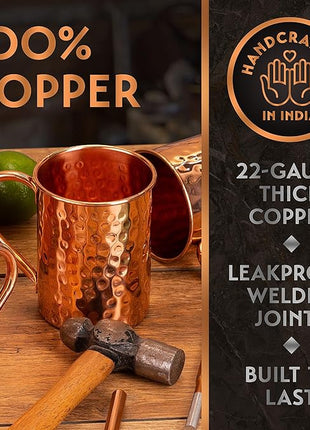 Gift Set Moscow Mule Mugs Set Of 4 16 oz Solid Cooper, 100% Pure Copper Cups Cylindrical Shape HANDCRAFTED, BONUS 4 Straws, 4 Wood Coasters, Stirring Spoon, And Shot Glass (Square)