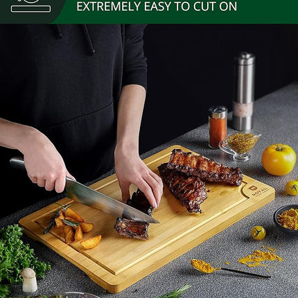 ROYAL CRAFT WOOD Wooden Cutting Boards for Kitchen Meal Prep & Serving - Bamboo Wood Serving Board with Deep Juice Groove Side Handles - Charcuterie & Chopping Butcher Block for Meat