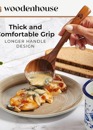 Wooden Ladle for Soup, 3 Size Teak Wood Ladle Spoon with Back Hooks for Pot & Bowl, Non-Stick Wooden Spoon Set for Cooking, Serving and Stirring