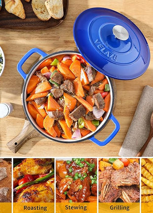 Velaze 6 QT Enameled Dutch Oven Pot with Lid, Cast Iron Dutch Oven with Dual Handles for Sourdough Bread Baking, Cooking, Non-stick Enamel Coated Cookware (Blue)