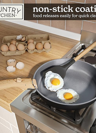 Country Kitchen Cookware Set with Removable Handle, Oven & RV Safe Pots and Pans Set, Black/Grey Wood Handle, Original