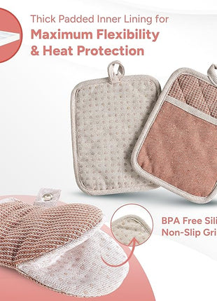 Casa Platino Potholders for Kitchens, 8-Piece – 500°F Heat Resistant Oven Mitts and Pot Holders, Mini Oven Mitts with Silicone Grip, 2 Kitchen Towels & 2 Dish Cloths – Durable & Non-Slip – Canyon Rose