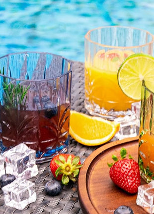 BELLAFORTE Shatterproof Tritan Plastic Short Tumbler, Set of 4, 13oz - Myrtle Beach Unbreakable Crystal Cut Old Fashioned Drinking Glasses for Whiskey - BPA Free - Dishwasher Safe - Blue