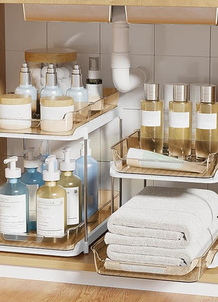 Delamu 2-Tier Multi-Purpose Bathroom Under Sink Organizers and Storage, Stackable Kitchen Pantry Organization, Pull Out Medicine Cabinet Organizer with Movable Dividers, Amber, 2 Pack