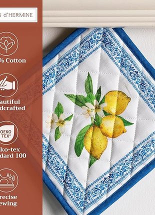 Maison d' Hermine Pot Holders 100% Cotton Heat Resistant Potholders 8" x 8" Hot Pads with Loop BBQ, Cooking, Baking, Grilling, Kitchen, Handling Hot Pans Spring/Summer (Pack of 1, Cedrat)