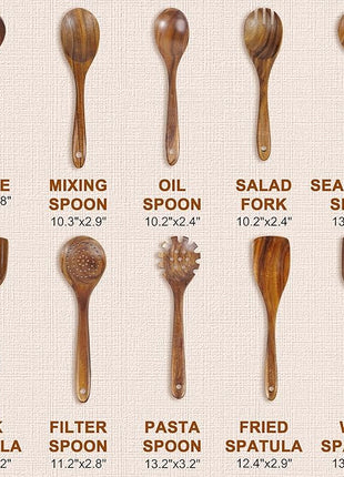 FJNATINH 10 PCS Wooden Spoons for Cooking - Teak Wooden Kitchen Utensil Set - Cooking Mixing Baking - Non-stick Healthy Kitchen Cookware Gifts for Women Housewarming Gifts