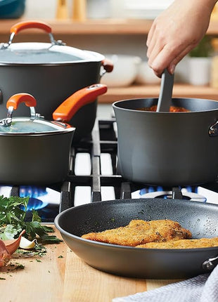 Rachael Ray Brights Hard-Anodized Aluminum Nonstick Cookware Set with Glass Lids, 10-Piece Pot and Pan Set, Gray with Orange Handles