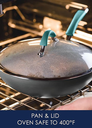 Rachael Ray Cucina Hard-Anodized Nonstick Covered Stir Fry Pan, 11-Inch, Gray, Agave Blue Handles