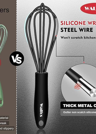 Walfos Silicone Whisk,7+9in Mini Whisk,BPA Free,Small Whisks for Non-Scratch,Heat Resistant (450°F) Nice for stirring individual eggs and mixing small amounts of powder and sauce.Dishwasher Safe.Black