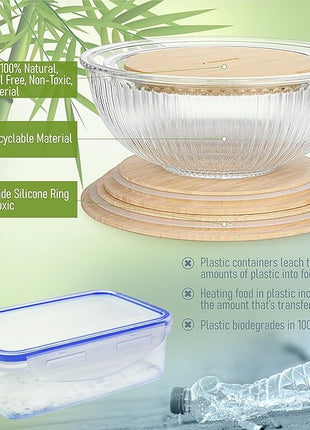 Stackable Space-Saving Nesting Set of 3 Glass Bowls with Bamboo Lids for Foodprep, Storage, Mixing & Cooking - Microwave & Oven Safe BPA Free Durable Heat Resistant Inert Borosilicate Glass
