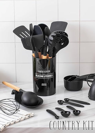Country Kitchen Non Stick Silicone Utensil Set with Rounded Wood Handles for Cooking and Baking, 38 Piece Set, Black