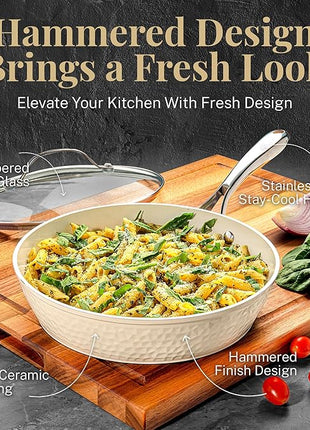 Gotham Steel Hammered 15Pcs Ceramic Cookware Set Nonstick, Induction Pots and Pans Set Non Stick with Bakeware Set & Steamer for Cooking, Non Toxic PFOA PFOS Free, Oven & Dishwasher Safe, Cream White