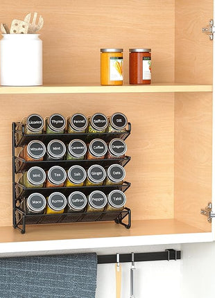 SpaceAid Spice Rack Organizer with 20 Spice Jars, 386 Spice Labels, Chalk Marker and Funnel Set for Cabinet, Countertop, Pantry, Cupboard or Door & Wall Mount - 20 Jars, 9.8" W × 10.8“H, Black