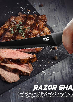 LDC Serrated Steak Knives Set of 8, Elegant Black Ultra Sharp Knives, Dishwasher Safe Stainless Steel Dining Knife Set
