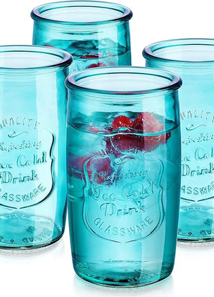 Glaver's Highball Glasses Set of 4 – 20oz Artistic Ice-Cold Pretty Blue – Vintage Glassware with Embossed Logo – Beverage Drinking Glasses for Water, Juice, Cocktails. Hand Wash.