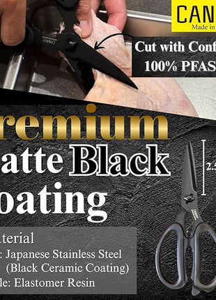 CANARY Japanese Kitchen Scissors All Purpose Heavy Duty 8.2" Matte Black, Made in JAPAN, Dishwasher Safe Come Apart Blade, Multipurpose Kitchen Shears, Sharp Serrated Japanese Stainless Steel Blade