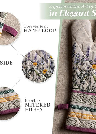 Maison d' Hermine Oven Gloves 100% Cotton Oven Mitt 7" x 13" with Loop Heat Resistant, BBQ, Cooking Gloves, Baking, Grilling, Kitchen, Handling Hot Pans Spring/Summer (Pack of 1, Fanny Lavender)