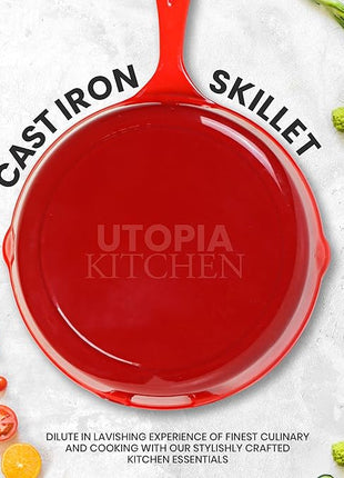 Utopia Kitchen Cast iron Skillets 3 Piece Set,Chefs Pan, Pre Seasoned Cast iron Skillets, 6, 8 & 10 Inches, Easy Use in the Oven, Stove, Grill, or Campfire, Red