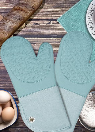 Professional Microwave Silicone Oven Mitts one Pair, Kitchen Mitten Set for Heat Resistant with 500 Degrees, Kitchen Gloves Pot Holder for BBQ Cooking Baking (Light Blue)