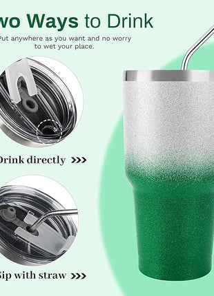 D·S 30 oz Tumbler Christmas Green Glitter Gradient Cup Stainless Steel Double Wall Vacuum Insulated Mug with Straw and Lid, Cleaning Brush for Cold and Hot Beverages