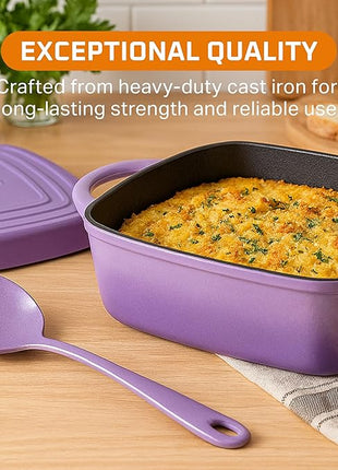Bruntmor 2-in-1 Square Enamel Cast Iron Dutch Oven Baking Pan with Handles, Purple Baking Pans Set with Cast Iron Skillet, Braising Pan for Casserole Dish with lid, Oven Safe