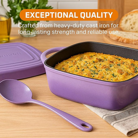 Bruntmor 2-in-1 Square Enamel Cast Iron Dutch Oven Baking Pan with Handles, Purple Baking Pans Set with Cast Iron Skillet, Braising Pan for Casserole Dish with lid, Oven Safe