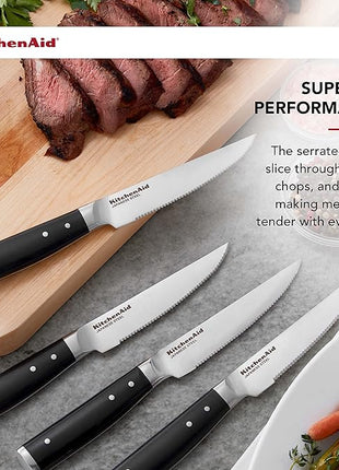 KitchenAid Gourmet 4 Piece Forged Triple Rivet Steak Knife Set, High Carbon Japanese Steel, Sharp Kitchen Knife Set, 4.5 inch, Black