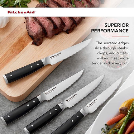 KitchenAid Gourmet 4 Piece Forged Triple Rivet Steak Knife Set, High Carbon Japanese Steel, Sharp Kitchen Knife Set, 4.5 inch, Black