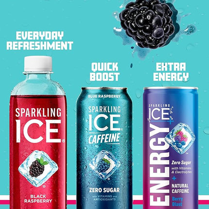 Sparkling Ice Caffeine Variety Pack, Flavored Sparkling Water, Zero Sugar, with Vitamins and Antioxidants, 16 fl oz, 12 count (Citrus Twist, Black Raspberry, Blue Raspberry, Strawberry Citrus)