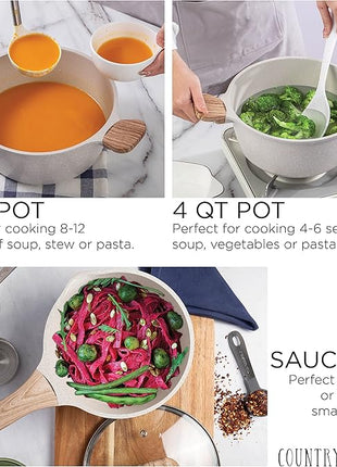 Country Kitchen Non-Stick Cast Aluminum Cookware Set - Durable Kitchen Cookware for Everyday Cooking, Speckled Cream, 8 Pc.