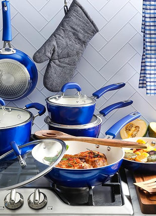 Kenmore Arlington Nonstick Ceramic Coated Forged Aluminum Induction Cookware with Bakelite Handles, 12-Piece Set, Metallic Blue