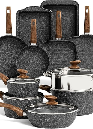Kitchen Academy Induction Cookware Set-17 Piece Non-stick Cooking Pan Set, Black Granite Pots and Pans Set