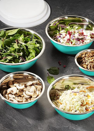 WHYSKO Stainless Steel Mixing Bowls With Lids Set, 5 Sizes Nesting Mixing Bowls for Your Kitchen Meal Prep, Cooking, Baking, and Food Storage (Blue Bowls with White Lids)