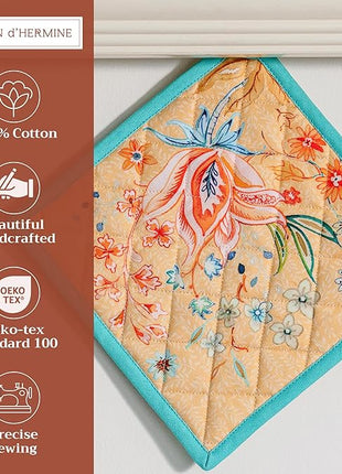 Maison d' Hermine Pot Holders 100% Cotton Heat Resistant Potholders 8" x 8" Hot Pads with Loop BBQ, Cooking, Baking, Grilling, Kitchen, Handling Hot Pans Spring/Summer (Pack of 1, Luxury Loft – Peach)