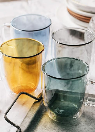 BTaT- Colored Double Walled Glass Coffee Mugs, Set of 4 (12oz, 350ml), Assorted Colors, Colorful Coffee Cups, Insulated Coffee Mug, Double Wall Glass Coffee Cups, Tea Cups