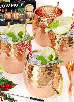 Benicci Moscow Mule Copper Mugs - Set of 4-100% HANDCRAFTED - Food Safe Pure Solid Copper Mugs - 16 oz Christmas Gift Set with Premium Quality Cocktail Straws and Jigger!