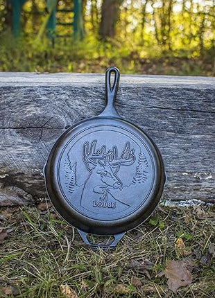 Lodge 8 Inch Pre-Seasoned Cast Iron Stamped Skillet - Signature Teardrop Handle - Use in the Oven, on the Stove, on the Grill, or Over a Campfire - Deer