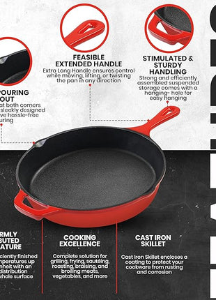 Utopia Kitchen Saute Frying Pan 12 Inch, Cast Iron Chefs Pan, Pre Seasoned Cast iron Skillet With Lid, Safe Grill Cookware for Indoor & Outdoor Use, Red