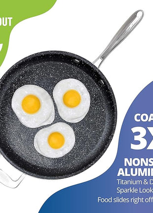 Granitestone 14 Inch Pan for Cooking, Family Sized Large Non Stick Frying Pans Skillet for Eggs, Omelette, with Helper Handle, PFOA PFOS Free Oven & Dishwasher Safe - LID NOT INCLUDED