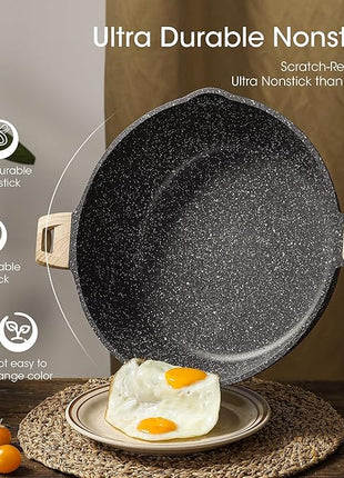 CAROTE 12.5 Inch Nonstick Deep Frying Pan with Lid, 6.5 Qt Jumbo Cooker Saute Pan with Pour Spout, Skillet Induction Cookware, Non Stick Cooking Pan PFOA Free, Classic Granite