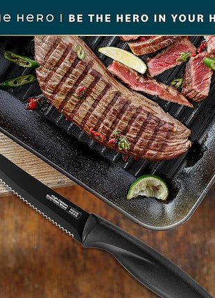 Home Hero High-Carbon Stainless Steel Steak Knife Set - Sharp Serrated Knives & Nonstick Coating - Ergonomic TPR-Coated Handles - Rust-Resistant Blades & Hand Wash - 8-Piece Set, Black