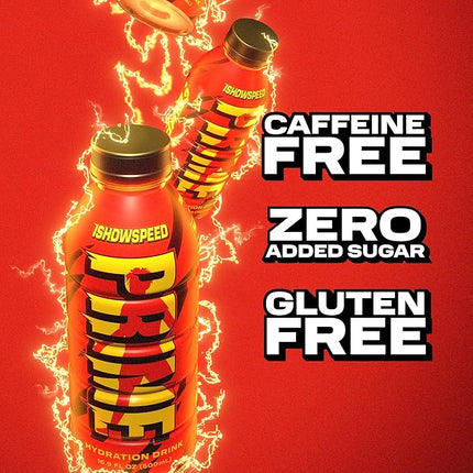 PRIME Hydration ISHOWSPEED, Sports Drinks, Electrolyte Enhanced for Ultimate Hydration, 250mg BCAAs, B Vitamins, Antioxidants, Low Sugar, 16.9 Fl Oz, 12 Pack